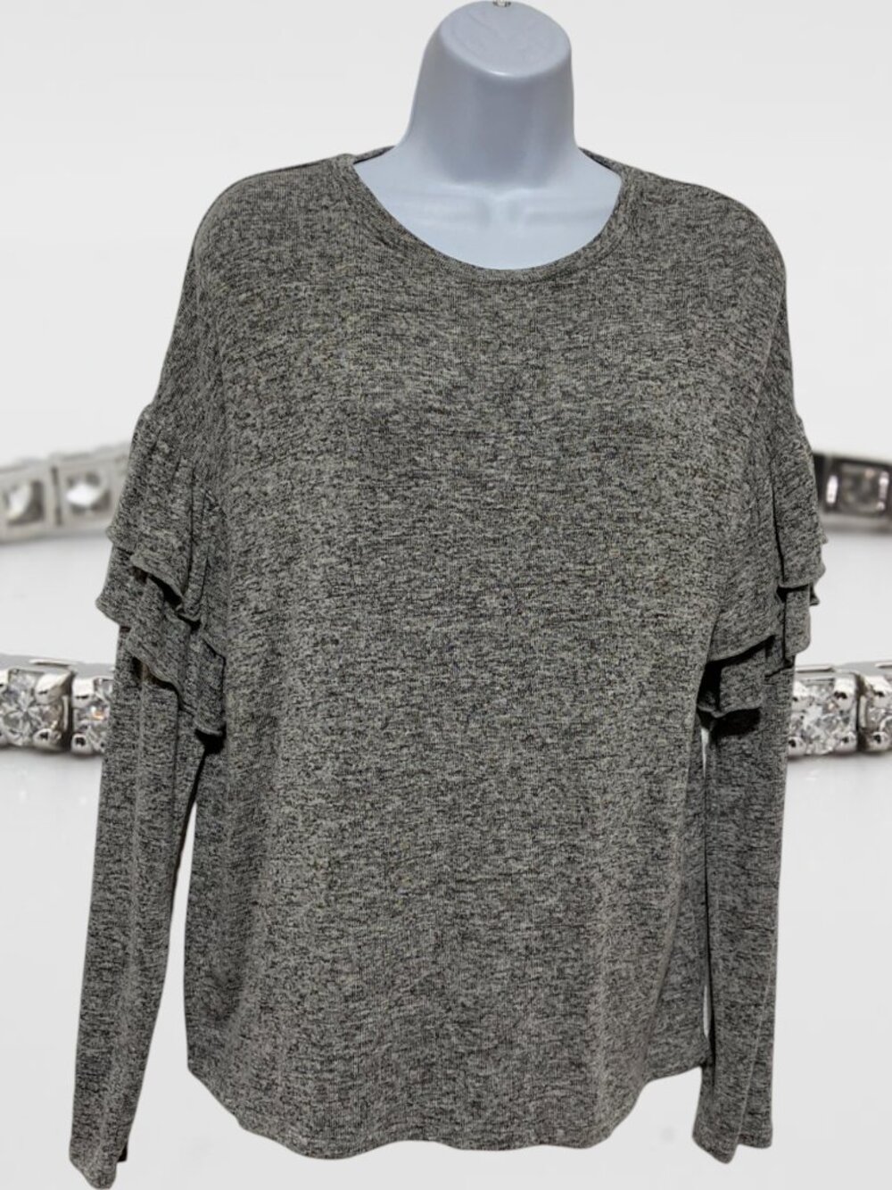 Xhilaration-Women's Small Grey Pullover Top Long Sleeve With Ruffle